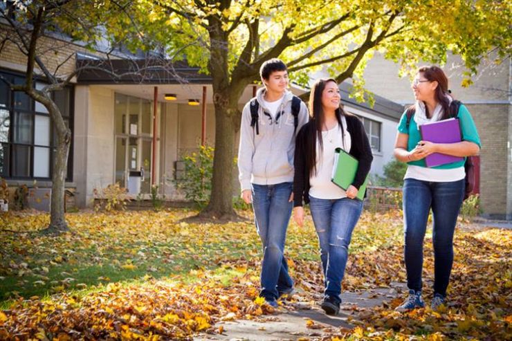 Three students walk through an autumn landscape