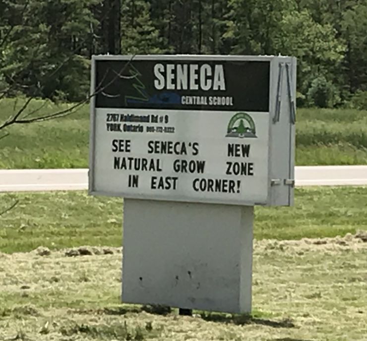 Photo of a school sign promotes green space development