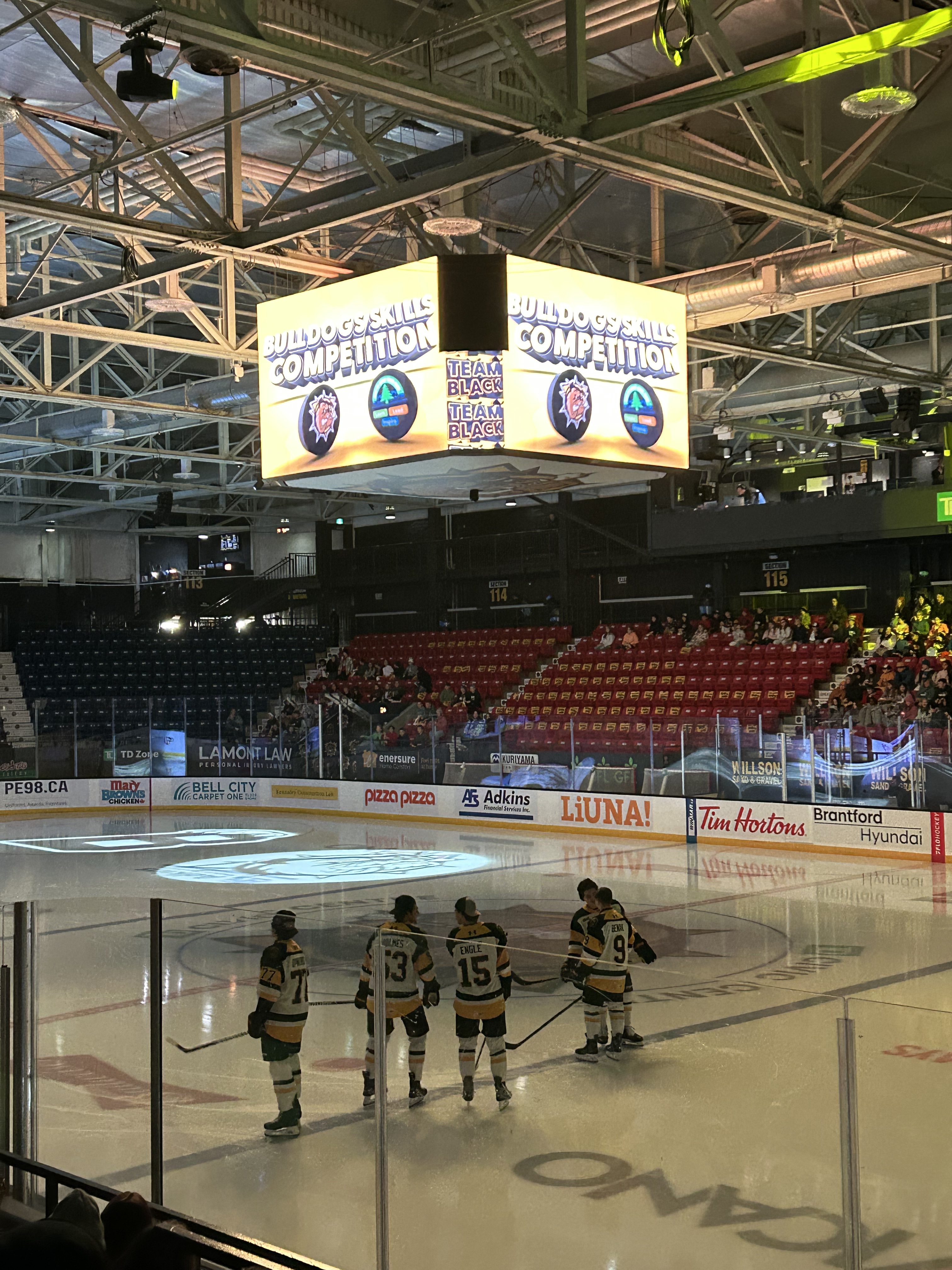 Some of the bulldog players being announced standing on the ice. 