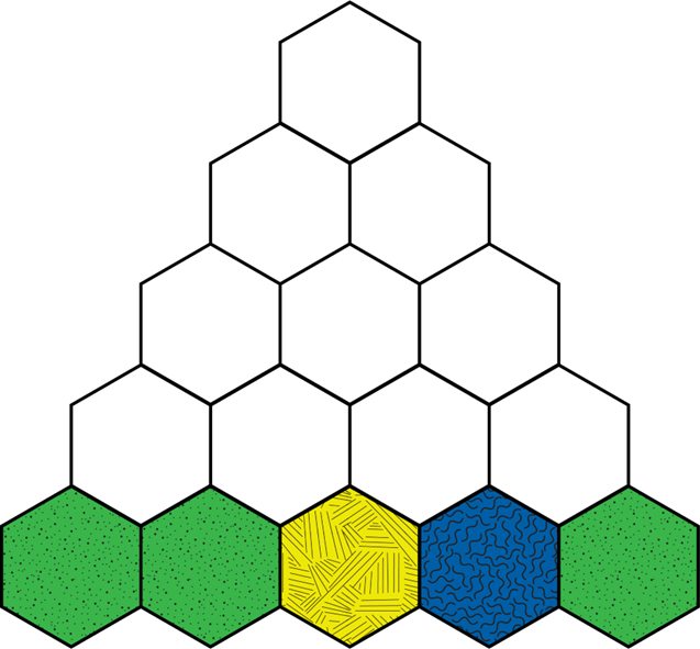 Luis Hexagon arrangement 14 hexagons interconnected in a pyramid. the bottom row has 5 hexagons, first 2 are green with spots, the third is yellow with lines, the 4th is blue with lines, and the 5th is green with spots.