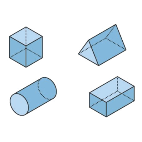 upper left: a cube upper right: a triangular prism, resting on a rectangular face lower left: a cylinder, lying on its side lower right: a rectangular prism, oriented like a shoebox with face of largest area as base